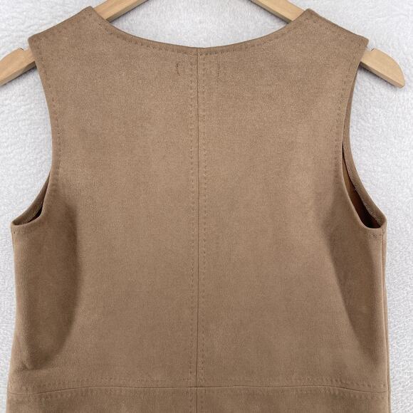 MAX STUDIO Dress S Stretch Faux Suede Sleeveless V-Neck Mini Shift Vicuna Brown - Picture 4 of 12